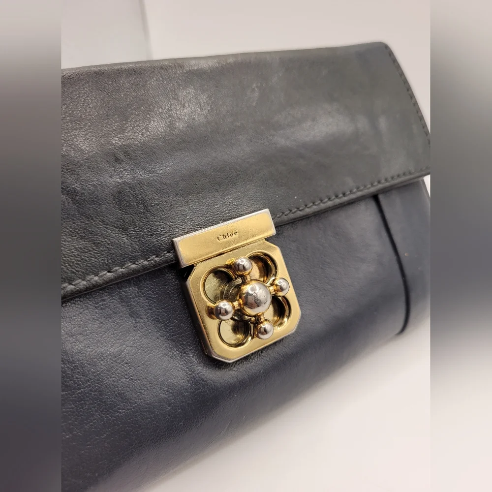 Chloe Elsie Leather Long Envelope Wallet Clutch Turnlock Gray Large Continental